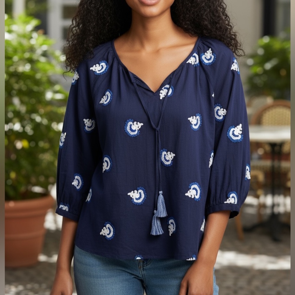 Oliphant Navy & White Embroidered Boho Blouse Top Tassels Balloon Sleeves Small